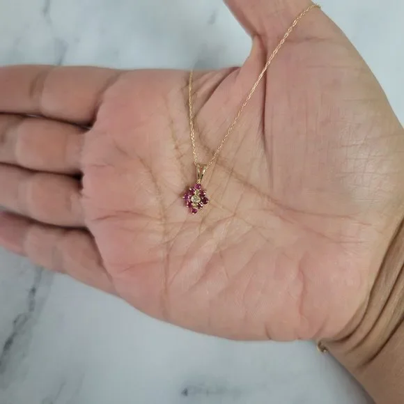 Ruby Cluster Vintage Style Necklace 10k Yellow Gold